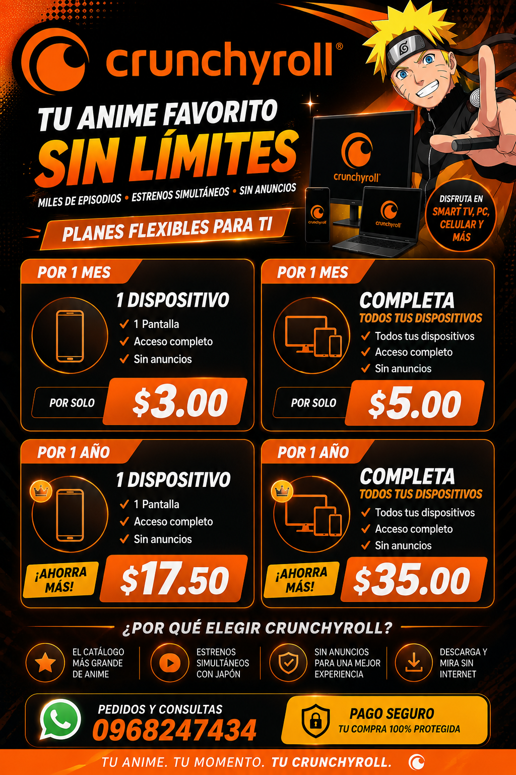Cuentas Crunchyroll Premium - Planes Mensuales y Anuales (1 Pantalla / Completa)