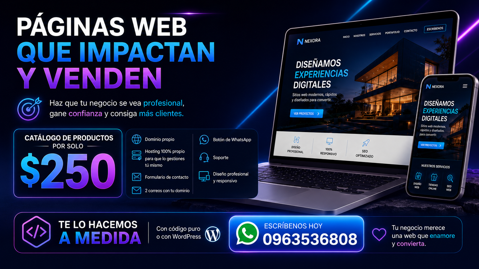 Página web profesional con dominio, hosting, correos y catálogo de productos