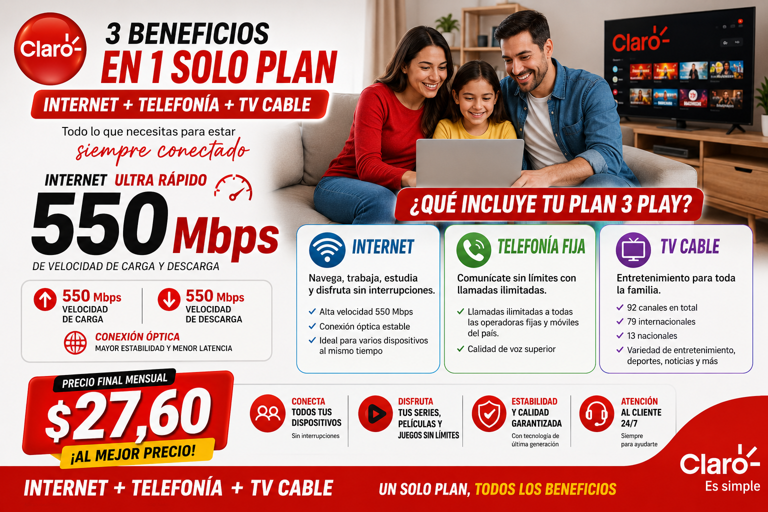 🔥 Internet Claro 550 Mbps + TV Cable + Telefonía Fija | Solo $27,60 al mes