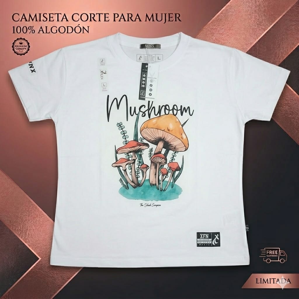 Camiseta para Mujer 100% Algodón Estampado Mushroom | Suave, Moderna y Cómoda 1 en $5 y 2 x $8