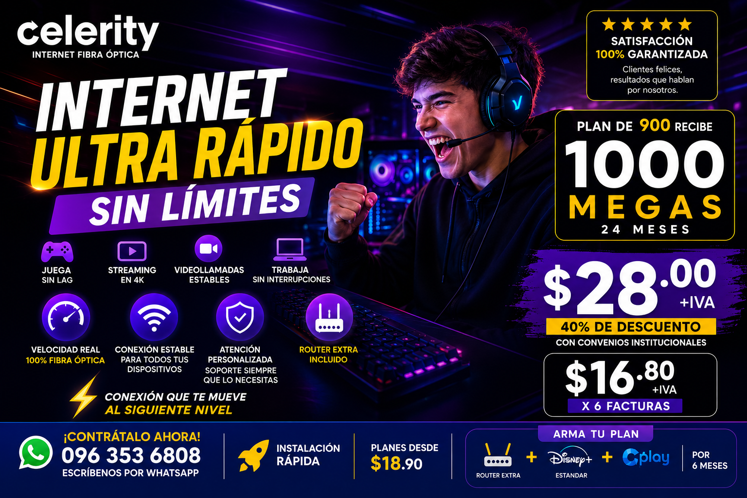 Internet Fibra Óptica Celerity | 1000 Megas desde $28